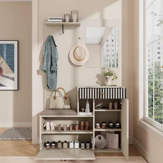 okwish Kompaktgarderoben-Set Garderobenset mit Spiegel und Schuhschrank mit Polsterkissen,Flur- und Dielengarderobenpaneele mit Regal,Beige+Cream - Beige