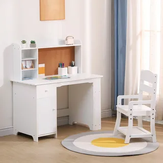 GarveeHome Kinderschreibtisch aus Holz, Kinder Schreibtisch mit Höhenverstellbare Stuhl, Multifunktionaler Kinderlerntisch mit Ablageflächen und Stauraum, 82x46x102cm, Weiß