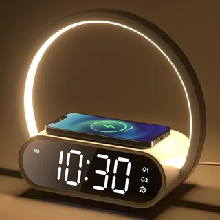 VOSFEEL Nachttischlampe Touch Dimmbar mit Wecker, Tischlampe mit Ladefunktion Wireless Ladegerät, Nachtlampe 4 Stufige Helligkeit USB-Ausgang für Schlafzimmer Wohnzimmer Buro