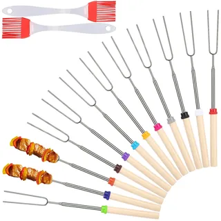 Teleskop Grillspieße Edelstahl 12 Stück,Grillbesteck Set für Camping Grill,Stöcke Roasting Sticks Schaschlikspieße,Lagerfeuer Grillgabel Ausziehbar Grillstab Stockbrot mit zwei Ölpinseln(31-81cm)