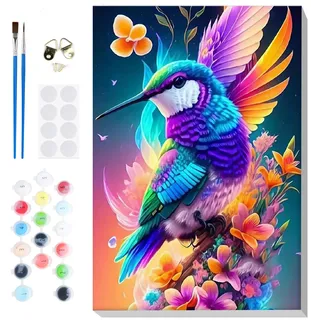 Lxmsja Malen Nach Zahlen Kolibri Erwachsene mit Rahmen, Malen Nach Zahlen Vogel, Diy Set Erwachsene mit Pinseln und Acrylfarben Handgemalt Ölgemälde Leinwand für Home Décor, 20x30cm