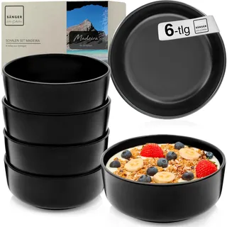 Sänger Madeira Steingut Müslischalen Bowl Schüssel 6 teilig, Schüssel Set | 6 Personen, Schale spülmaschinen- mikrowellen- kratzfest, Dessertschalen, Schüsseln schwarz matt 800 ml