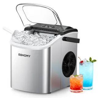 euhomy Eiswürfelmaschine Klein, 9 Eiswürfel in 6 Minuten, 12 kg/24H, Eiswürfelmaschine Edelstahl mit Tragbarem Griff, Selbstreinigender Kompakter Eiswürfelmaschinen für Zuhause/Küche/Büro/Bar