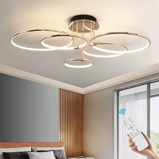LED Deckenleuchte Modern Design Deckenlampen Gold 5-Ring Lampen Dimmbar Wohnzimmerlampe mit Fernbedienung, Aluminium Led Beleuchtung für Wohnzimmer Schlafzimmer Küche Esszimmer Büro 93cm, 108W...