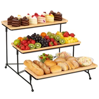 cozary Etagere 3 Etagen, Etagere 3 Etagen Holz 28.9x12.5x1.2cm, Tablett Groß mit X-Gestell Metallregal, Kuchenplatte Rechteckig, Servierplatte für Gemüse Obst Kekse Desse