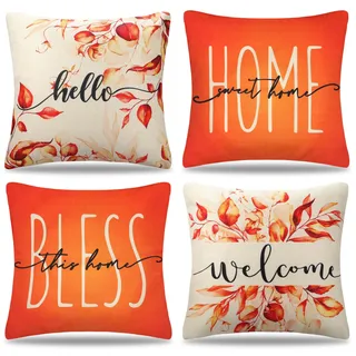 DakTou Kissenbezug 40x40 Herbst Orange 4er Set Blätter Outdoor Kissen Sofakissen Dekokissen Frühling Sommer Kissenhülle Leinen Deko Kissenbezüge für Sofa Couch Schlafzimmer Wohnzimmer Terrasse
