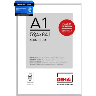 DEHA Design Bilderrahmen, 59,4 x 84,1 cm (A1), Aluminium, Silber glanz, Posterrahmen zum Aufhängen im Hoch- & Querformat, bruchsicheres Kunstglas, Boston