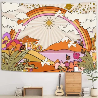 YISUMEI Vintage Groovy Wandteppich Retro-Blumen Wolken Sonne und Regenbogen Wandbehang orangefarbener Boho Hippie PsychedelicTapisserie für Schlafzimmer, Wohnzimmer, Wohnheim-Dekor(M/130x150cm)