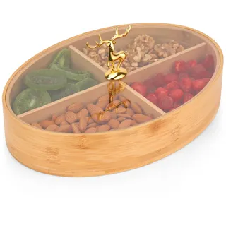 Belle Vous Runde Aufbewahrungsbox Holz mit 4 Fächern & Deckel - 29 cm - Dekorative Mehrzweck-Teebox Holz Aufbewahrung für Andenken, Schmuck, Bastelbedarf & Teebeutel Aufbewahrung