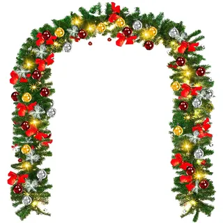 Ikodm Weihnachtsgirlande Künstliche 5m, Tannengirlande Künstlich inkl. Deko, Weihnachtskranz mit 100 LEDs Warmweiß 8 Modus Lichterkette Weihnachtsdeko für Innen und Außen