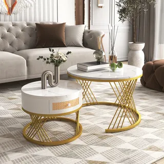Merax 2er Set Couchtisch in Marmoroptik mit Regal Rund Ø70 x 45cm und Ø50 x 38.5cm, Beistelltisch mit Schublade und goldenen Metallrahmen, Wohnzimmetisch Sofatisch - Weiß, Gold