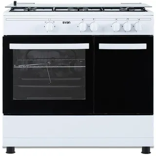 Svan Cocina Gas Butano 5 Zonas de Cocción, Horno 55 L, Blanco SKGW5901PB. Control Manual, Quemador WOK triple llama, 2 Programas, Compartimento Bombona, Cristal en Puerta de Doble Capa, Tapa Abatible