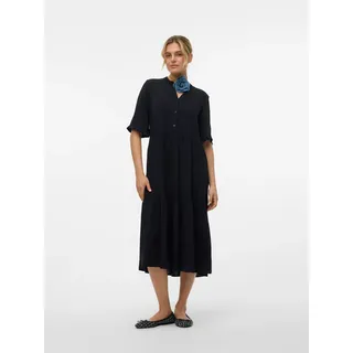 Sommerkleid VERO MODA "VMEASY JOY 2/4 FRL CALF DRESS WVN GA", Damen, Gr. XS, N-Gr, schwarz, Web, Obermaterial: 100% Viskose, unifarben, regular fit lang, V-Ausschnitt, Kleider Sommerkleid, Viskose, regular fit