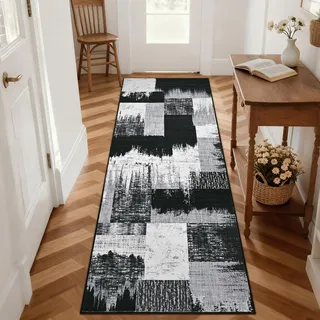 Alishomtll Teppich Schwarz Grau 80x150 cm, Modern Geometrisch Teppich | Rutschfest Kurzflor Küchenteppich, Weich Waschbar Flurläufer für Wohnzimmer Schlafzimmer Arbeitszimmer Eingang