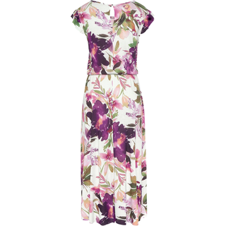 Jerseykleid BEACHTIME "mit Blumendruck und Gummizug aus Viskosejersey, elegantes Midikleid", Damen, Gr. 46, N-Gr, weiß (weiß bedruckt), Jersey, Obermaterial: 100% Viskose, bedruckt, figurumspielend ca. Mitte Wade, Rundhals, Kleider Jerseykleid, Kurzärmliges Sommerkleid, Strandkleid, Viskosekleid, Basic, Topseller