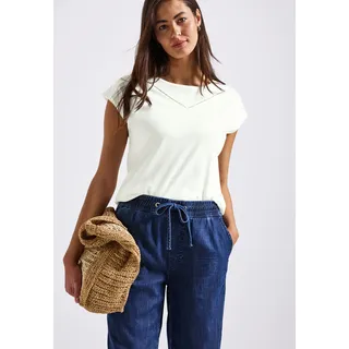 Shirttop STREET ONE, Damen, Gr. 42, weiß (sanftes weiß), Jersey, Obermaterial: 50% Baumwolle, 50% Modal, unifarben, regular fit taillenbedeckt, Rundhals, Tops Shirttop, mit Deko-Tape, Topseller