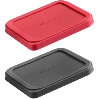 Westmark Deckel zur Aufbewahrung von Lebensmitteln — dehnbarer, wiederverwendbarer Silikondeckel für Dosen, kleinere Schalen oder Joghurtbecher — ø 10,5 + 8,5 cm, Silikon, 2er-Pack, rot/schwarz
