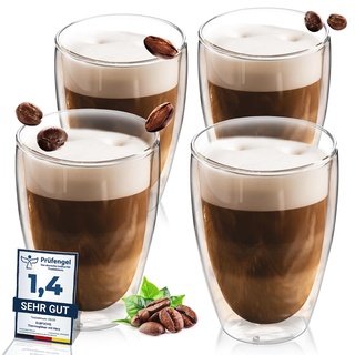 ElbFuchs® Doppelwandige Latte Macchiato Gläser Set [4x 350ml] Kristallklare Thermogläser doppelwandig | Ideal als Cappuccino Gläser | Kaffegläser | Teegläser