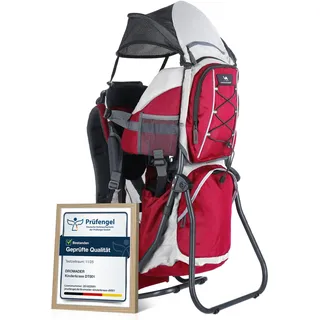 Dromader Kraxe Kindertrage bis 22kg - Baby Rückentrage Wandern mit Sonnendach Regenschutz - Babytrage Outdoor Trekking mit Thermotasche Wickelmatte - Einhändig klappbarer Aluminiumrahmen – Rot