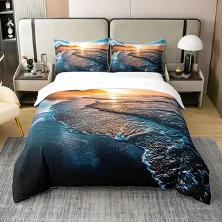 Loussiesd Strand Themen Bettwäsche Set 135x200cm 100% Baumwolle für Mädchen Jungen Hawaiian Ozean Kinder Bettbezug Set Meer Sonnenuntergang Landschaft Betten Set Sommerferien Urlaub 2St