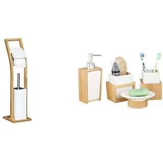 Relaxdays Stand WC Garnitur Holz HBT 75 x 19 x 19 cm Toilettenbürstenhalter aus Bambus, Natur weiß & Badezimmer Set, 4-teiliges Badzubehör aus Keramik und Bambus, Natur-weiß, 10 x 14 x 20 cm