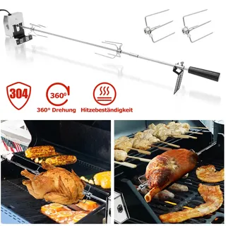 Fiqops Edelstahl Grillspieß Set 117cm BBQ Fleischklammer mit Motor inkl. Fleischnadeln, 220V - 240V, Elektrischer Drehspieß, Rotisserie, Drehspiess