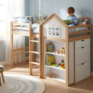 Kinderbett Hochbett, Staufächer, Schubladen, Sicherheitsgeländer, Kiefer, 205x107x164,5 cm