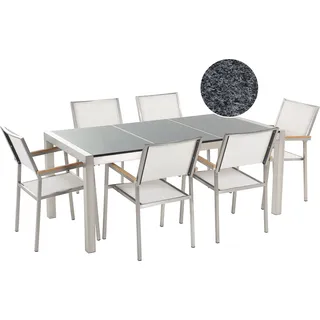 BELIANI Gartenmöbel Set Grau Weiß Granit Edelstahl Tisch 180 cm Poliert 6 Stühle Terrasse Outdoor Modern - Grau, Weiß, Silber