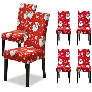 Wintem Stuhlhussen für Weihnachten, elastisch, 6er Set mit Weihnachtsmann-Motiv, für Rückenlehne und Sitz, einfach zu montieren, waschbar und wiederverwendbar für Weihnachtsdekoration zu Hause
