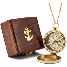 NKlaus 5cm Kompass mit Kette aus Messing Holzbox Taschenkompass Orientierungs Peilkompass 11661