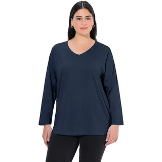 Ulla Popken Damen große Größen Übergrößen Plus Size Shirt, V-Ausschnitt, Relaxed, Langarm Marine 54+ 725334755-54+