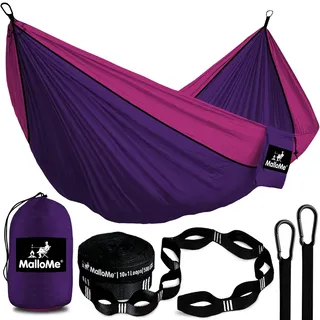 MalloMe Einzel Hängematte (285 x 140cm) Ultraleichte Reise Camping Hängematten für Outdoor 2 Personen oder 1 Kinder & Erwachsene Atmungsaktives Wasserdichtes Fallschirm-Nylon, inkl. Premium Karabiners