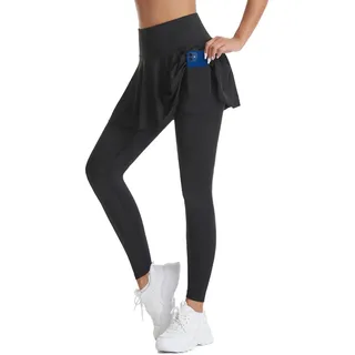 Tennisrock Damen Sporthose Laufhose mit Rock Yogahose Hosenrock high Waist Push Up Sport Leggings Lang Sportrock mit Hose Innentasche