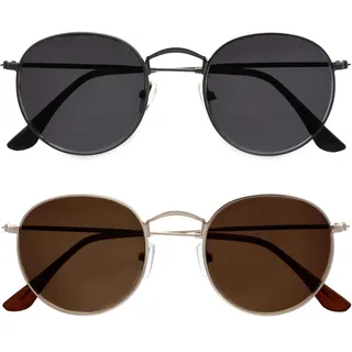 OPULIZE Sol Sonnen Leser Brille 2er Pack Dünner Rand Runde Retro-Metallfassungen Kratzfest Getönte Linse UV400-Schutz Metallgrau Schwarze Gold Braun Herren Damen SS94-79 +3.00
