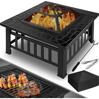 Kesser - Feuerstelle mit Grillrost & Grillzange Feuerschale 82x82x50cm 3in1 Multifunktional Fire Pit für Heizung/BBQ Grill Garten Terrasse Schwarz