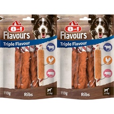 8in1 Triple Flavour Ribs Kaustangen für Hunde - Kausnacks mit extra viel Fleisch, 113g Beutel (ca. 6 Stück) (Packung mit 2)