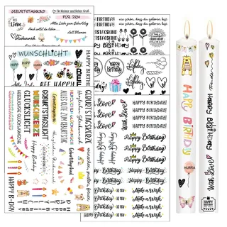 Geburtstag Kerzenfolie - 6 Stück A5 Wasserschiebefolie, Tattoo Happy Birthday, Sprüche, Dekorieren für Kerze Tasse DIY Geschenk