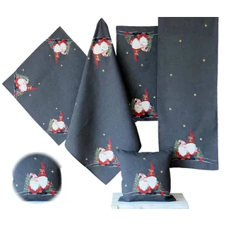 Raebel OHG Tischdecke Tischläufer Mitteldecke Kissenhülle Weihnachten grau anthrazit Bestickt mit Wichtel in rot (40 x 140 cm)