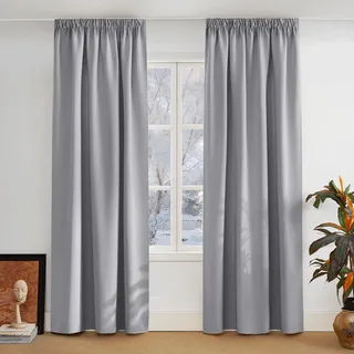 PONY DANCE Vorhang Blickdicht Kräuselband Extra Lange Gardinen und Vorhänge für Gardinenschiene 2er Set H 300 x B 140 cm Verdunklungsvorhänge Grau Gardine Wohnzimmer, Silbergrau