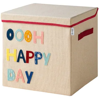LIFENEY Aufbewahrungsbox mit Deckel und Happy Day I Spielzeugbox mit Motiv passend für Würfelregale I Ordnungsbox für das Kinderzimmer I Aufbewahrungskorb Kinder