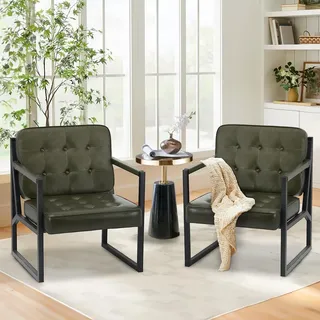 COLAMY Ohrensessel Sessel Wohnzimmer 2er Set, Leder Accent Chair, Mid Century Sessel für Wohnzimmer, Modern Kunstleder Empfangssessel mit Metallbeinen für Schlafzimmer Empfangsraum Wartezimmer, Grün