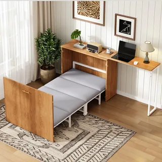 MODFU Moderner Schrankbett Schreibtisch mit Rollen Klappbett mit drehbarem Schreibtisch und Matratze Sideboard geeignet für Wohnzimmer oder Schlafzimmer Natur - Braun