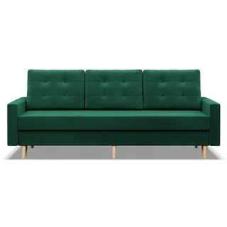 mebligo Sofa mit Schlaffunktion und Bettkasten Blank, 3 Sitzer Sofa 212 cm Breit, Schlafsofa, Ausziehbares Couch auf Holzfüßen, Schlafcouch Flaschengrün