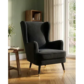 Home Affaire Ohrensessel ZILLER Cord, Samtvelours 70 x 105 x 91 cm schwarz mit Holzfüssen