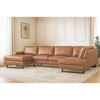 Home affaire Wohnlandschaft »Pinto, 350 cm, U-Form, XXL, mit Ottomanen« Cord, Chenille, Lederoptik, mit Keder, Metallfüße, Wellenunterfederung, braun