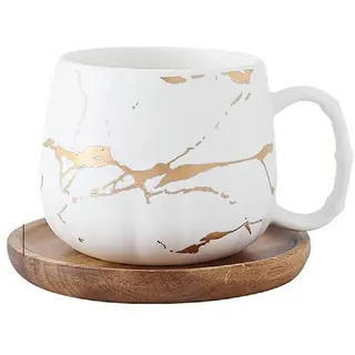 MAGICVOGEL Keramik Kaffeetasse mit Untertasse 400ml Kaffeebecher Espressotasse Set Marmor Optik Teetasse Cappuccino Tasse zum Geburtstag Muttertag Valentinstag Hochzeit (Weiß)