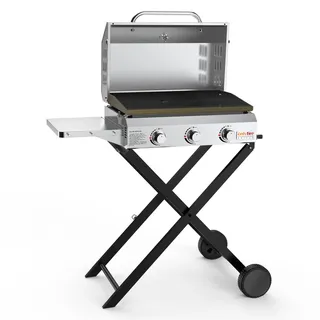 Onlyfire BBQ Gasgrill Grillwagen | Plancha Gasgrill 3 Brenner | mit Faltbarem Rollwagen, Keramische Lackbeschichtung Grillplatte, Rollen | Grillfläche 57x36cm | 7Kw | für Outdoor Camping Balkon Garten