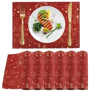 Weihnachtsservietten Stoff Rot Gold, FainFun 6er Set Tischsets Weihnachten Abwaschbar Gold, Schneeflocken, für Esstisch Jute, Tischdekoration