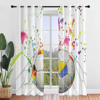 Hiseng Voile Vorhänge mit Ösen Durchsichtig Halbtransparent Ösenvorhang für Fenster Fußball Wohnzimmer Schlafzimmer Moderne Junge Transparent Gardine 2er Set (132x182cm,Aquarell)