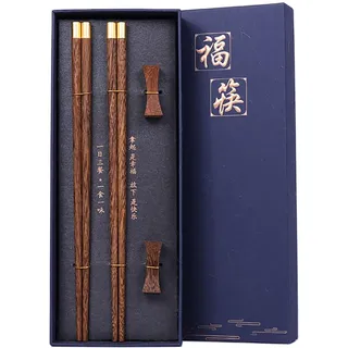 Essstäbchen, 2 Paar Holz Essstäbchen Wiederverwendbare Chinesische Stäbchen ,Sushi Stäbchen Set Chopsticks Aus Wengeholz,Mit 2 Essstäbchenablage, Essstäbchen Geschenkset (Blaue Geschenkbox)